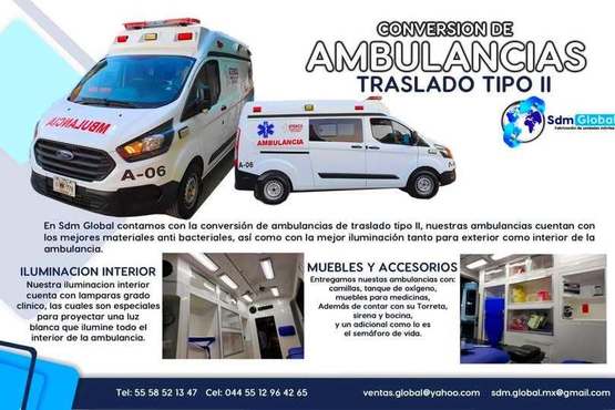 Sdm Global Mexico, Fabricacion conversion equipamiento y venta de Ambulancias de traslado y Unidades Medicas Moviles Especiales en Mexico. Sdm Global Mexico empresa 100% especializada en la venta fabricación conversión equipamiento de diferentes tipos de ambulancias de traslado y vehículos de emergencia, ofreciendo soluciones personalizadas para diversas necesidades en el mercado nacional.Dedicados a la fabricación de ambulancias y patrullas, ofreciendo servicios relacionados con la seguridad y emergencias, venta de unidades médicas móviles y ambulancias, además de carrocerías industriales,Somos un fabricante mexicano con más de 15 años de experiencia, especializado en la fabricación y comercialización de ambulancias y vehículos de rescate, con un enfoque en la alta calidad y el cumplimiento de normativas mexicanas.Diseñamos y equipamos ambulancias con la tecnología y los materiales necesarios para asegurar funcionalidad y seguridad, cumpliendo con las normativas mexicanas.En Sdm Global Mexico nos dedicamos a la Fabricacion conversion equipamiento y venta de Unidades Moviles Medicas Especiales en Mexico, somos fabricantes directos en Mexico.